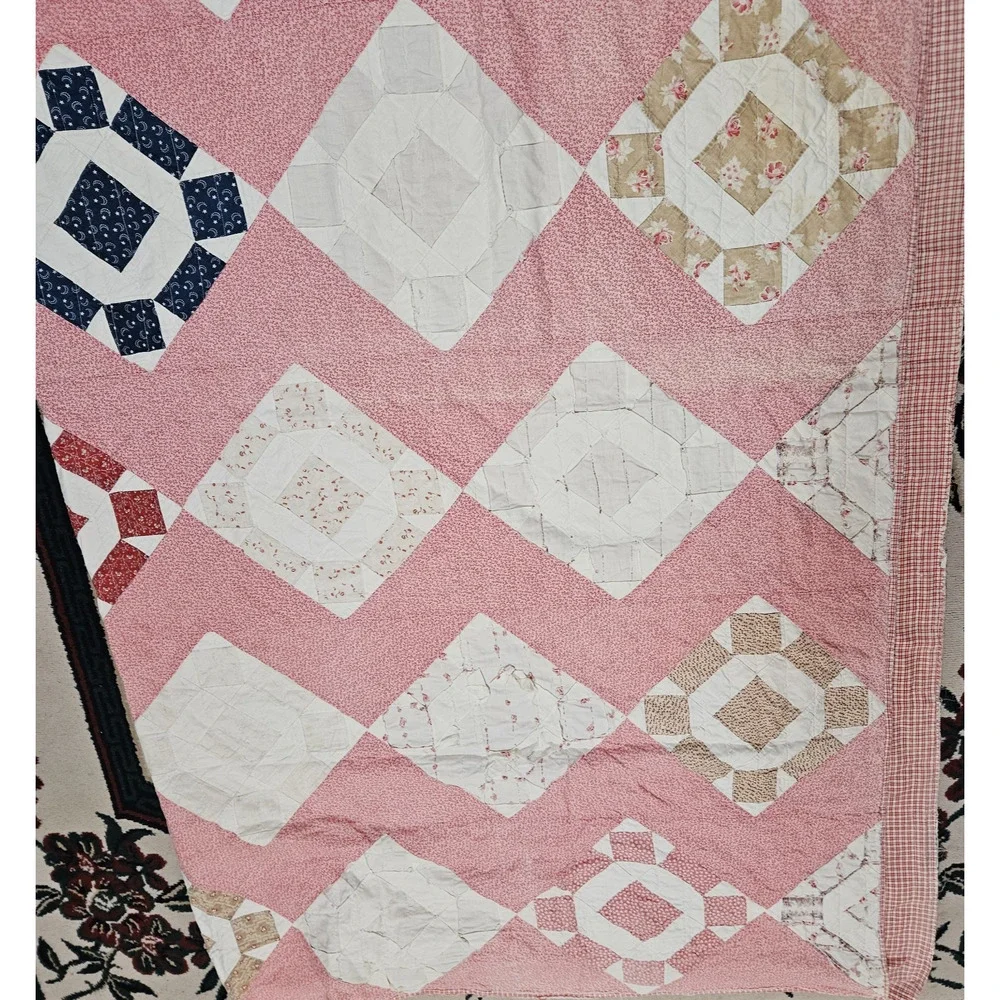 Vtg Hand pieced patchwork quilt 80X80 Chimney sweep design damage stains READ